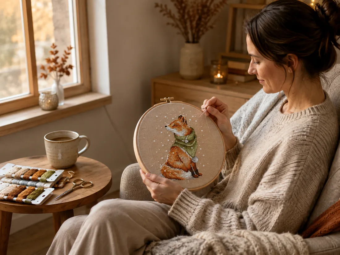 A woman sitting in an armchair by a window stitching the Winter Fox design CC-K6-04 in a light wooden hoop, with two organized thread cards, small embroidery scissors and a ceramic mug on the side table