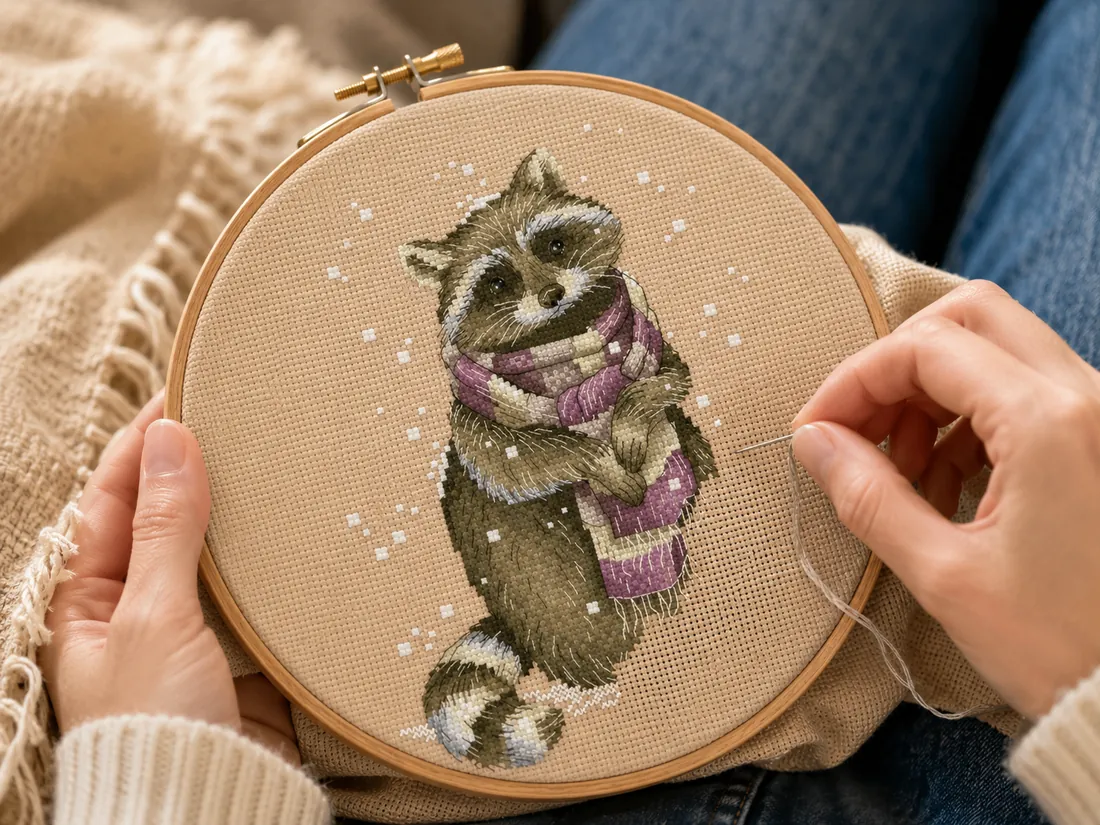 Close-up of two hands working the Raccoon design CC-K6-06 on flaxen Aida, one holding the hoop while the other passes the needle through a fabric hole, the striped mauve and cream scarf already stitched