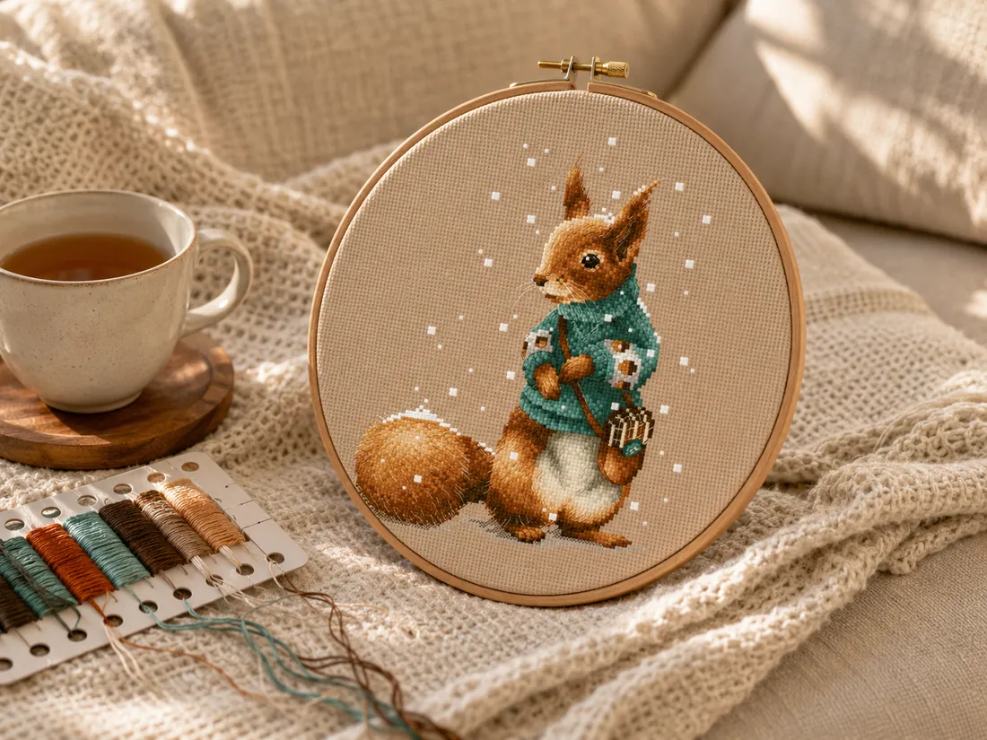 The Squirrel design CC-K6-07 fully finished but still stretched in its wooden hoop, resting on a natural linen sofa with a cup of tea and leftover threads on their organizer