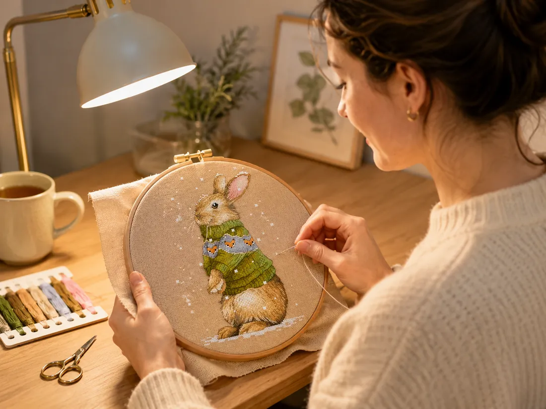 A young woman stitching the Rabbit design CC-K6-08 at a table under a soft desk lamp, with only a thread card, small scissors and a mug beside her