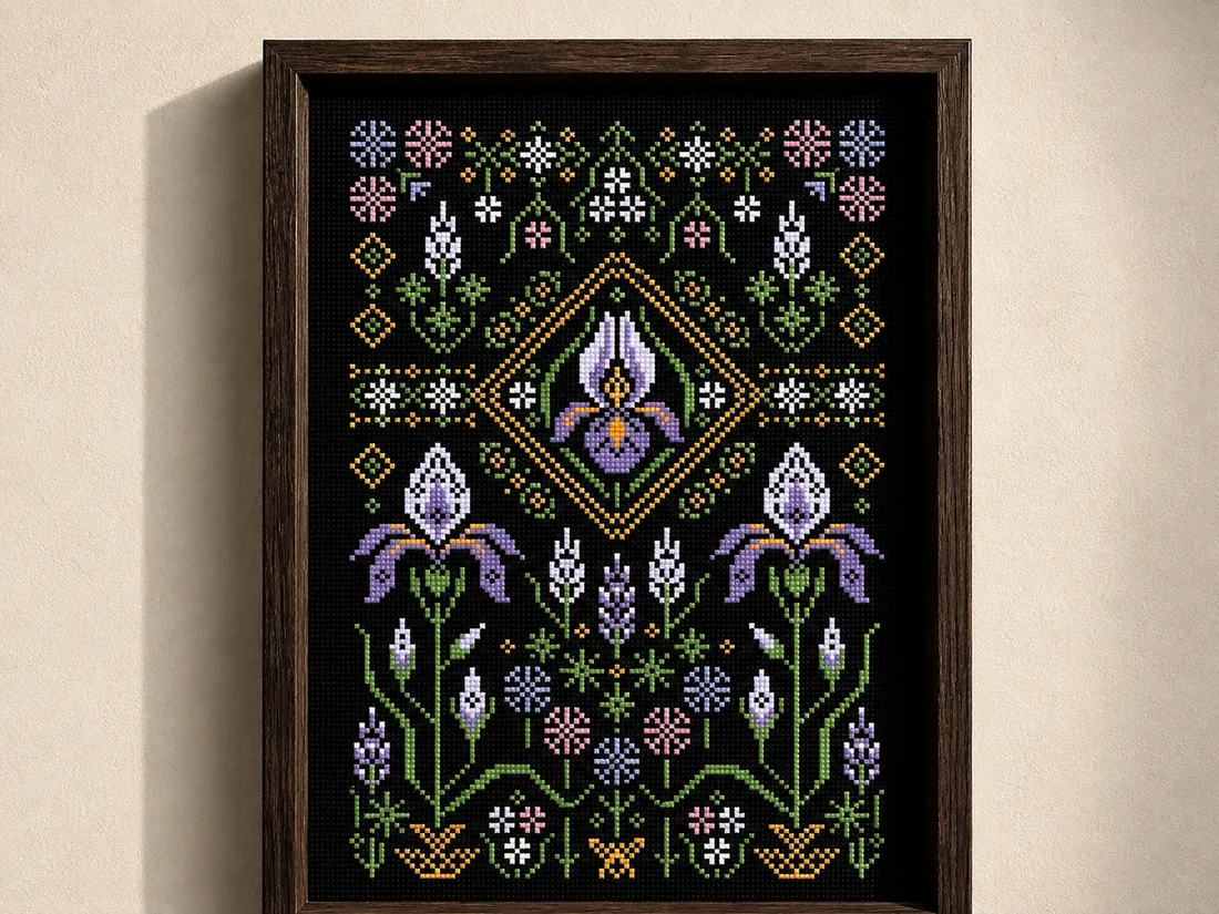 Premium close-up of the finished Iris sampler CC-K8-02 filling most of the frame, purple irises and a golden diamond medallion on black Aida whose fabric holes stay readable in the deep blacks