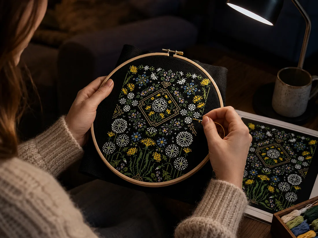 A woman stitching the Dandelion sampler CC-K8-05 on black Aida under a modern reading lamp in the evening, yellow dandelions, white seed heads and blue cornflowers about sixty percent complete
