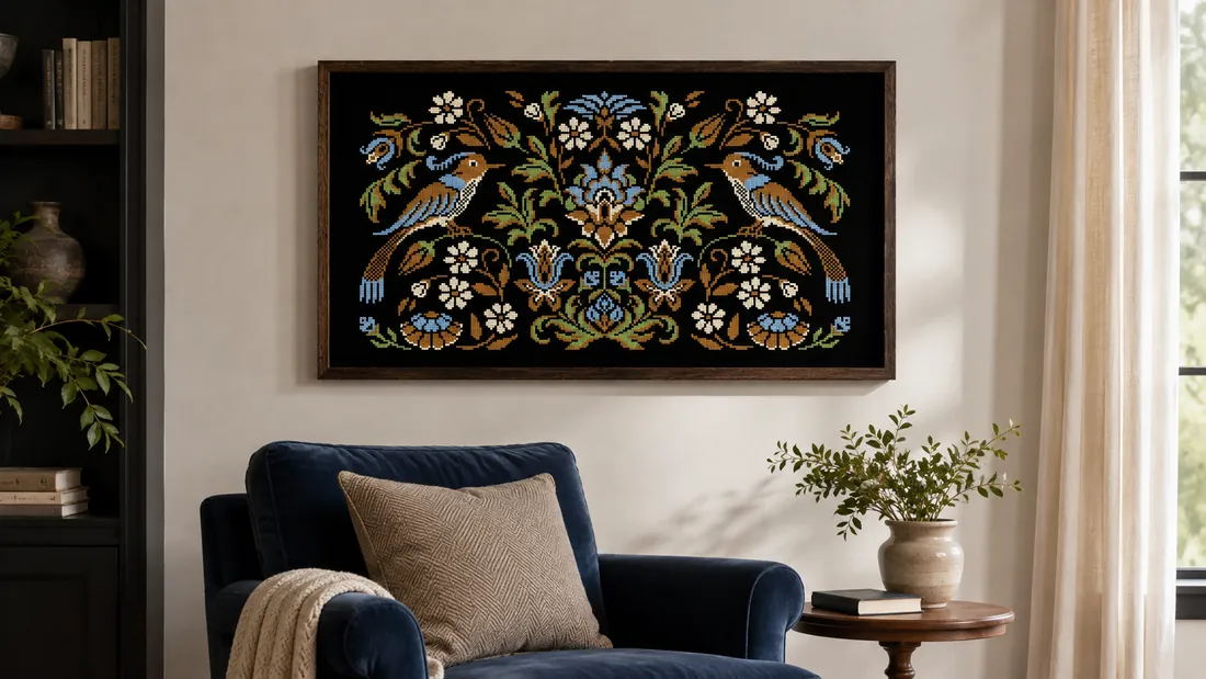 The large finished Turquoise Bird panel CC-K9-01 in a horizontal walnut frame above a deep blue armchair, folk birds with light-blue breasts among cream and blue flowers on black fabric