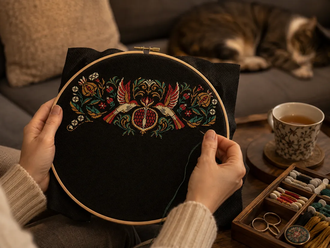 The Pomegranate Bird design CC-K9-03 part-way through in a large hoop, the central pomegranate and part of the red and gold birds finished with black fabric still bare around them, a cat blurred on the sofa behind