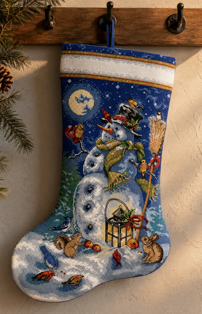 Close-up of the Lantern Snowman stocking CC-K13-03 hanging from a wooden peg, warm side light bringing out the snowman, his lantern and broom, the cardinal, blue jay, squirrel and rabbit
