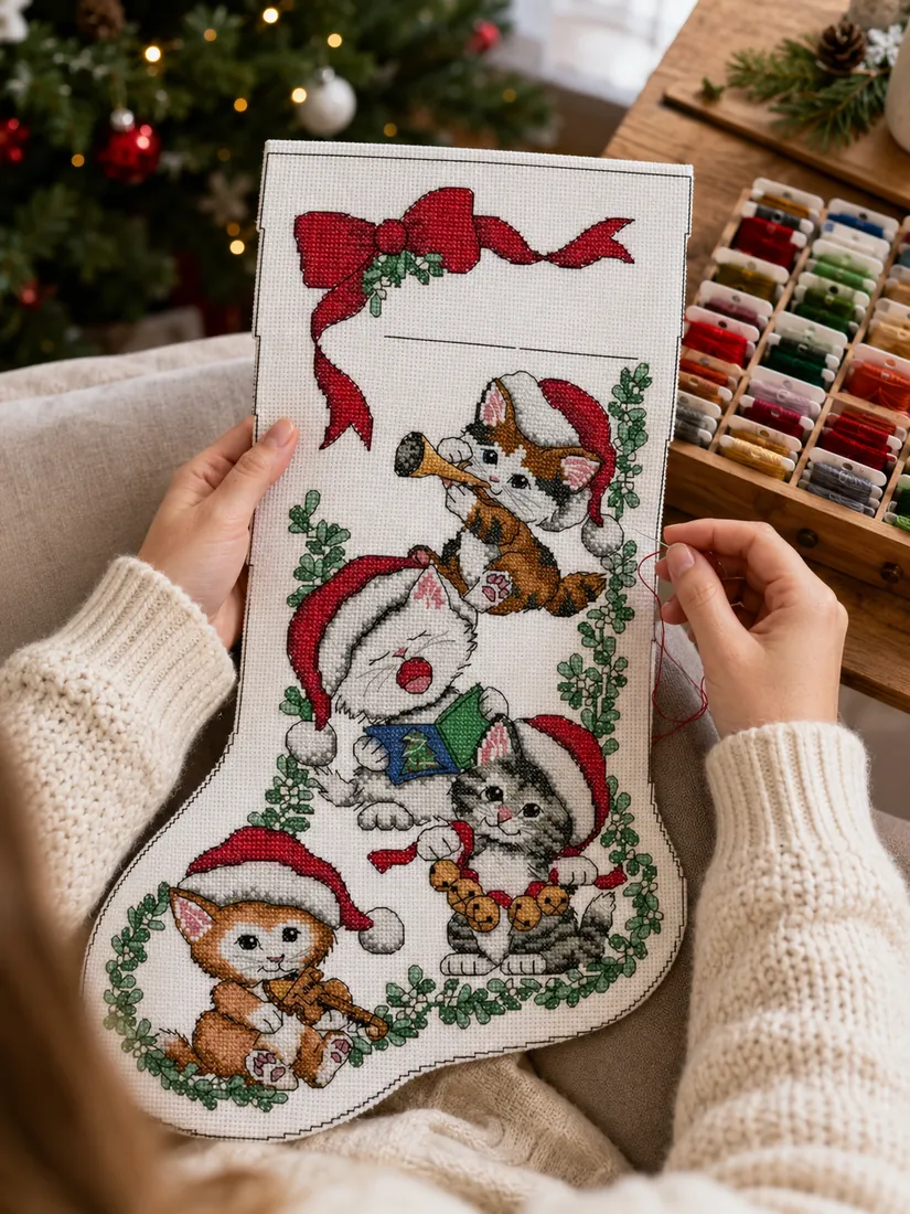 The finished Caroling Kittens stocking CC-K13-08 held in a stitcher hands, needle and red thread still in hand beside the Christmas tree with a multicolored thread card alongside