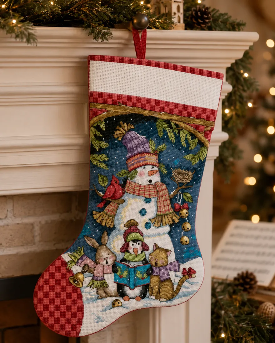 The finished Penguin Carols stocking CC-K13-11 hanging from an off-white mantel with blurred sheet music in the decor, the snowman in a purple beanie with a singing penguin, a cardinal, a cat and a rabbit