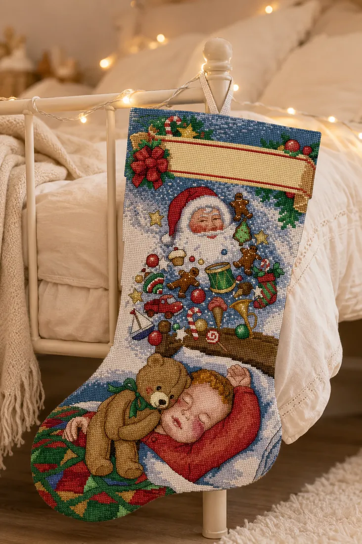 The personalizable Sweet Dreams stocking CC-K13-12 hanging at the foot of a neutral child bed with ivory linen and a soft light garland, the sleeping baby and teddy bear below an empty cream name band