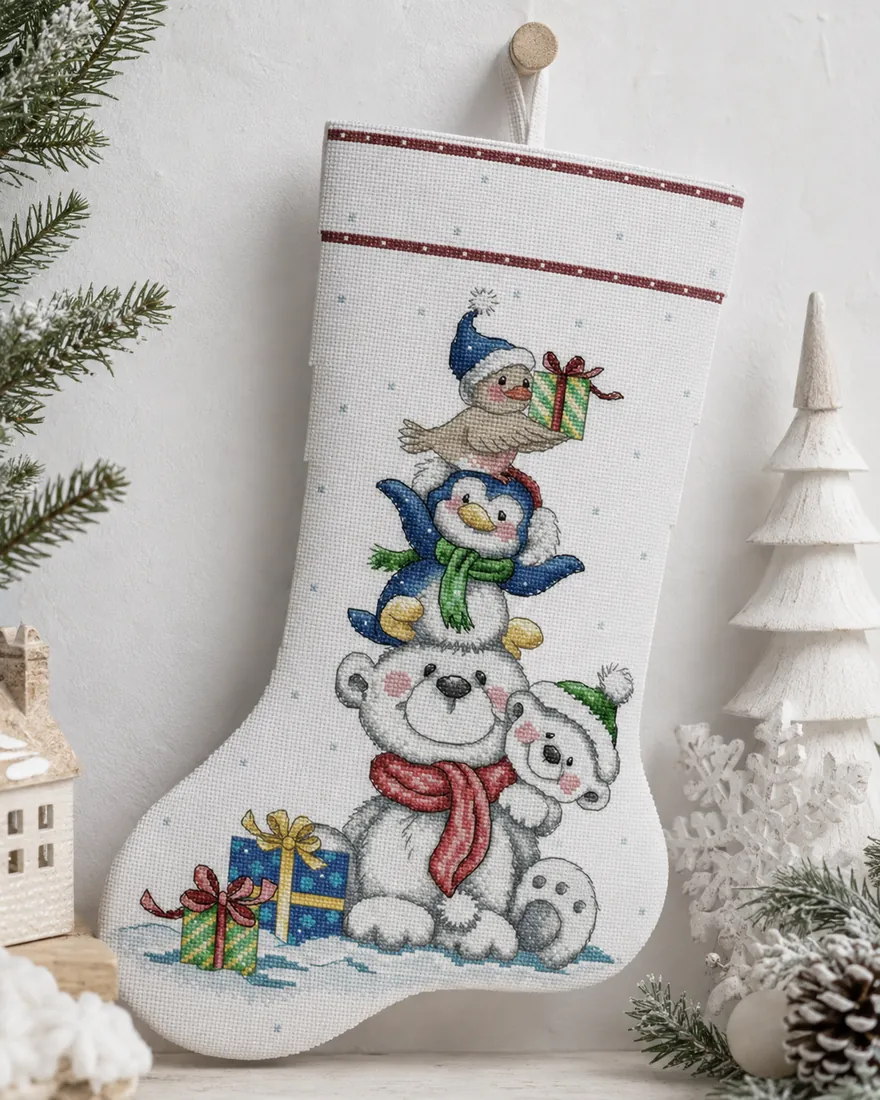 The personalizable Polar Pals stocking CC-K13-14 hanging against a cool white wall with small fir sprigs, the polar bear, stacked penguins and gifts below a name band left entirely blank