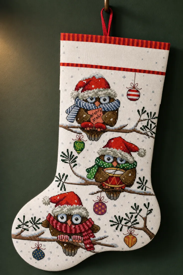 The finished Winter Owls stocking CC-K13-16 hanging against a deep forest green wall in soft side light, three owls in red beanies on snowy branches with hanging ornaments