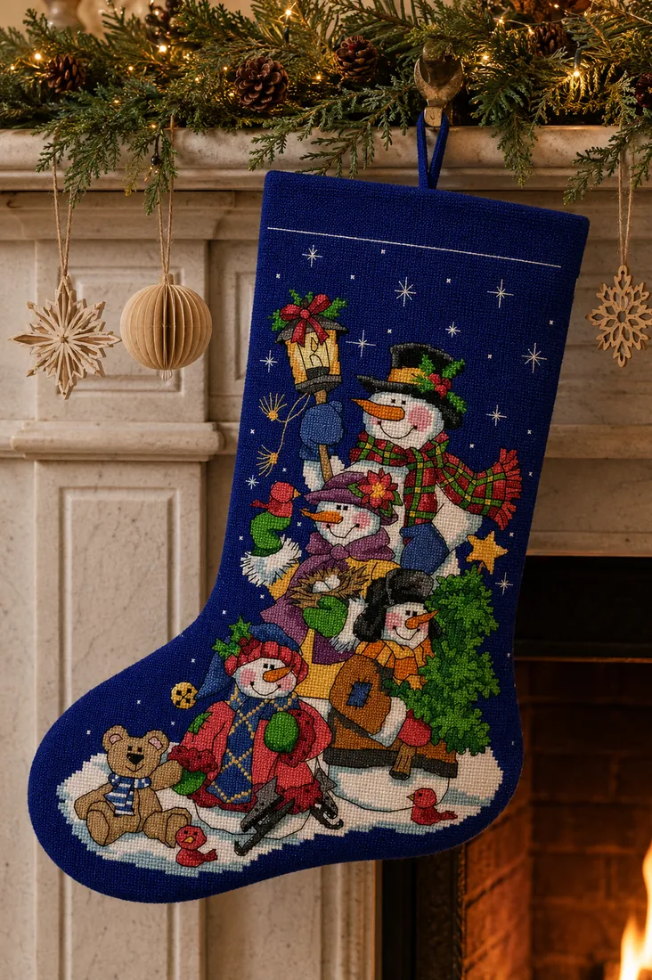 The finished Snowman Family stocking CC-K13-23 hanging at the center of a family mantel with three neutral ornaments and a greenery garland, the four snowmen on a starry royal-blue sky