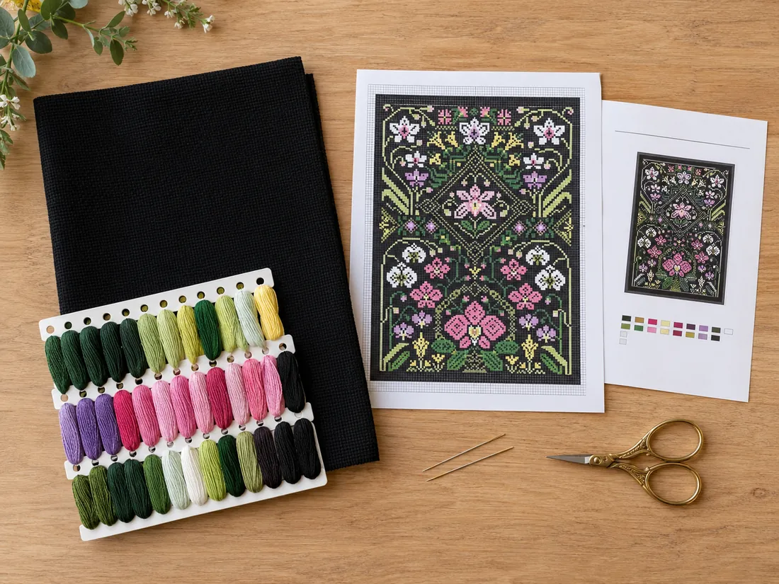 Flat lay of everything in a CozyCross kit on light oak: folded black Aida, pre-sorted cotton threads on a labeled organizer, two needles, the color chart for the Orchid design CC-K8-04 and the instructions, with scissors set apart