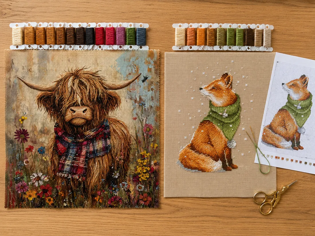 Two projects side by side on the same table: on the left the Highland Cow CC-K3-01 printed in full color on the fabric with an area already covered in stitches, on the right the Winter Fox CC-K6-04 worked on blank flaxen Aida from a paper chart