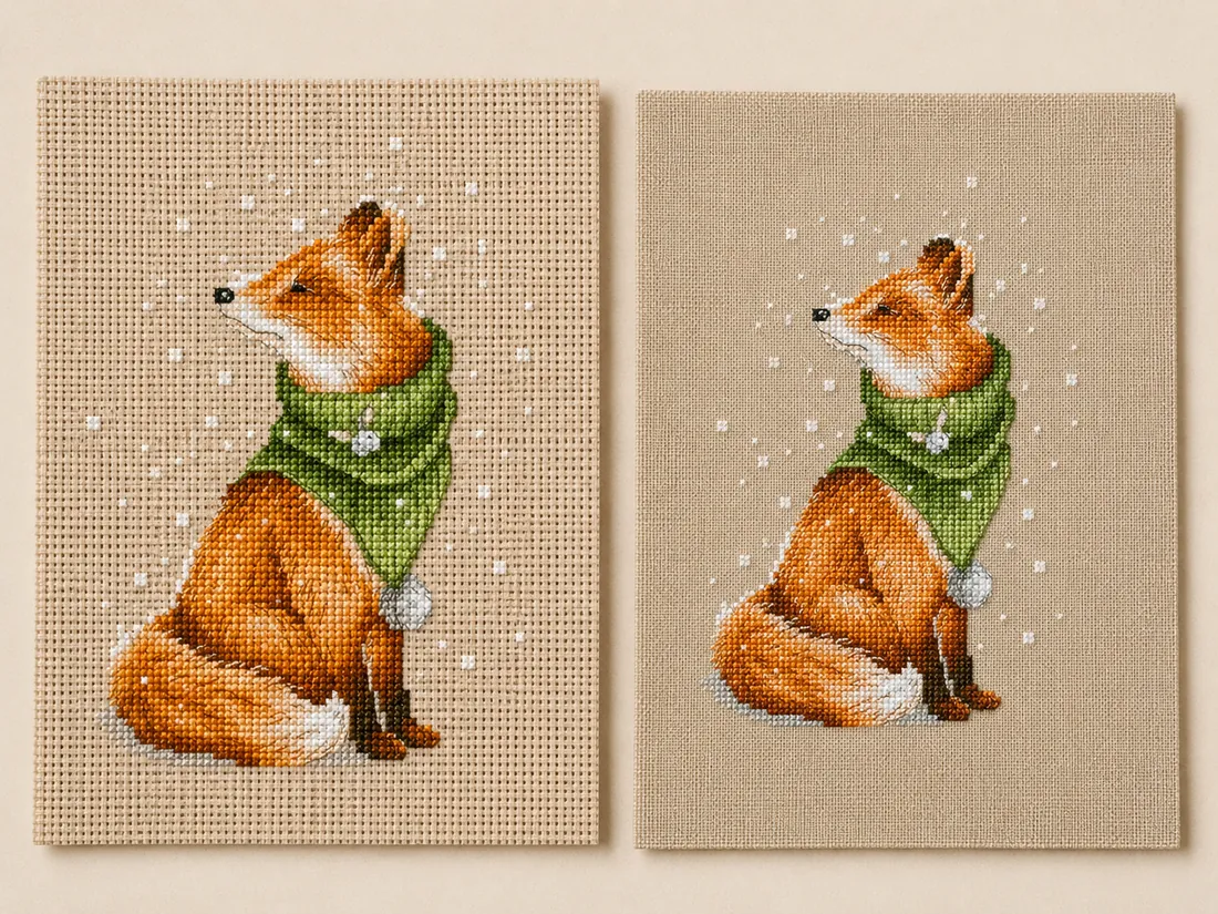 The same Winter Fox design CC-K6-04 stitched twice side by side on flaxen Aida, larger on a coarser fabric count and denser on a finer one