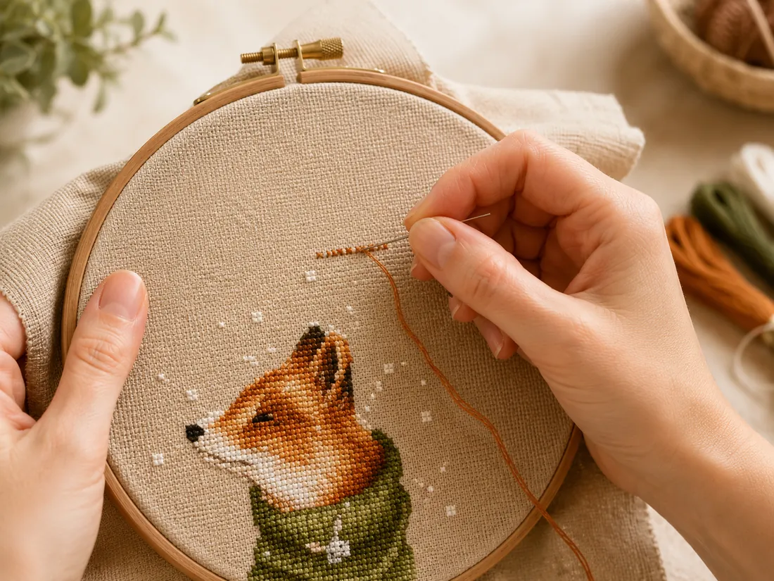 Macro of two hands forming one of the very first cross stitches on flaxen Aida, a few Xs already perfectly aligned and the needle entering a real fabric hole, with the Winter Fox CC-K6-04 taking shape in the hoop