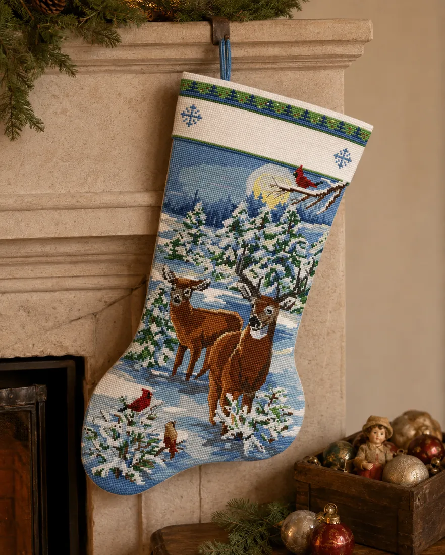 The finished Winter Deer stocking CC-K13-05 hanging alone on a timeless fireplace beside a small wooden box of old Christmas ornaments, in soft winter light