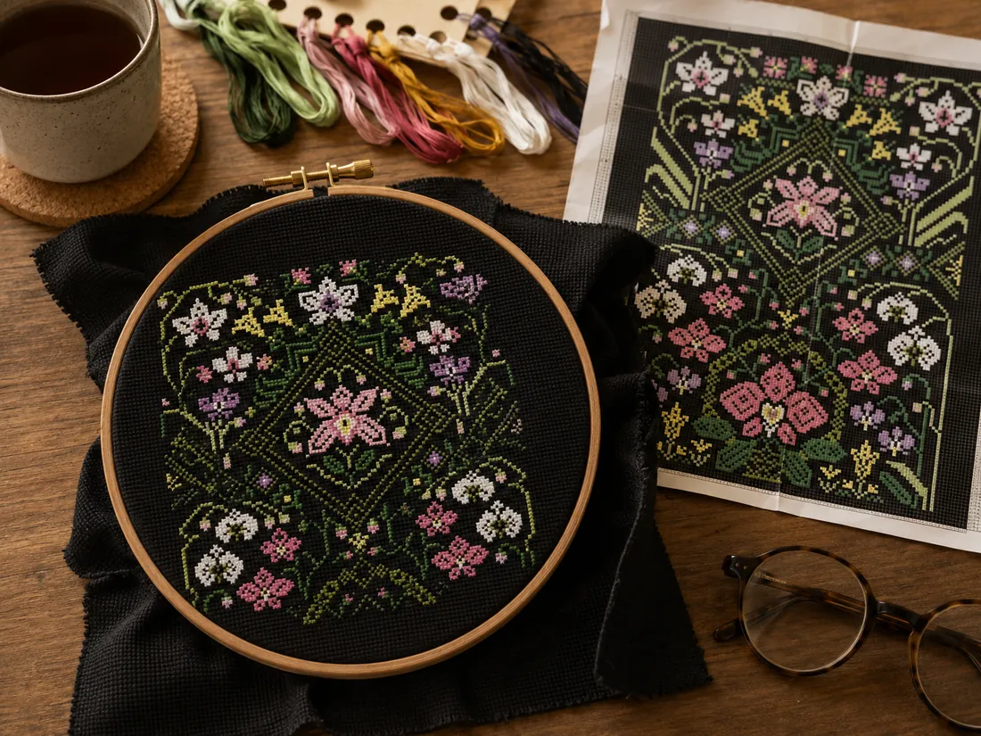 A real home desk, tidy but lived in: an open kit, a slightly folded chart, already-used threads and the Orchid design CC-K8-04 half finished in a hoop, with a mug and a pair of glasses nearby