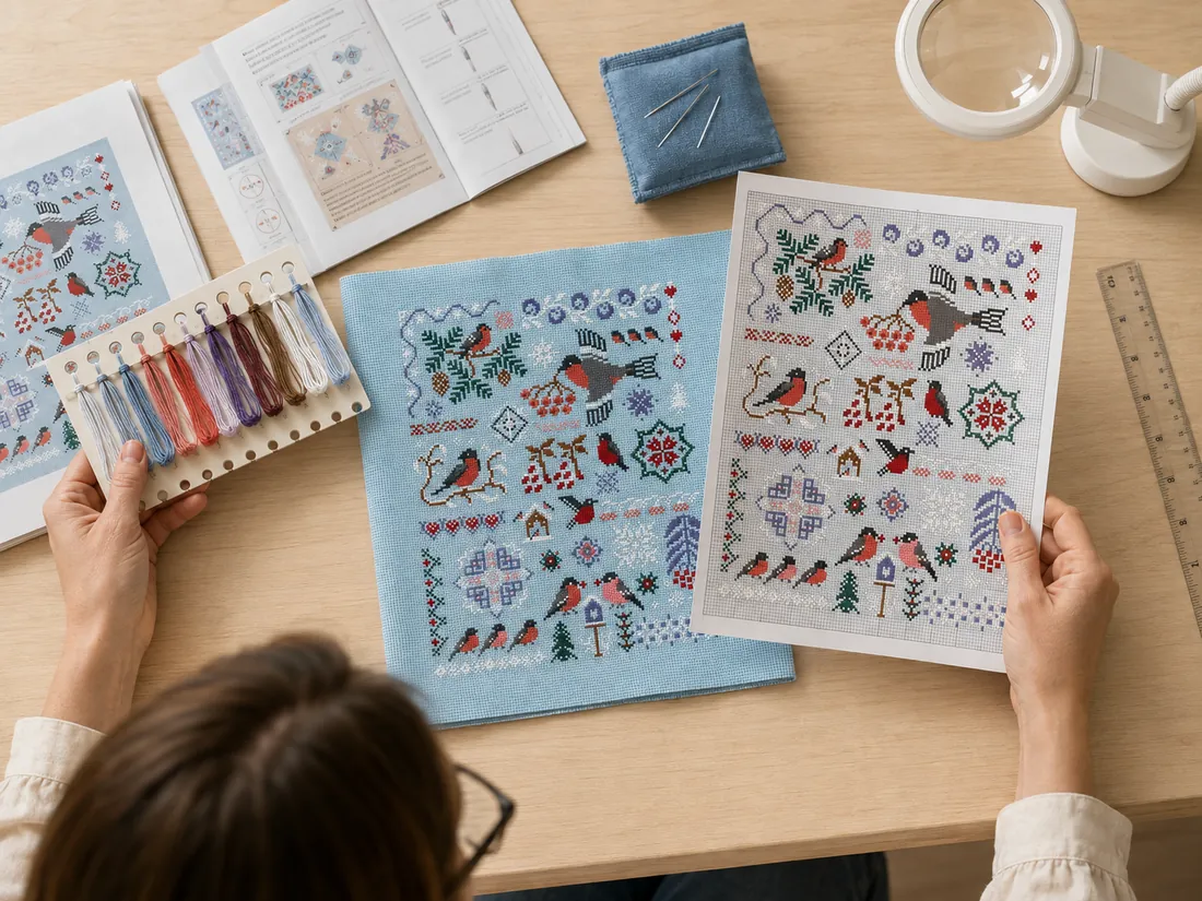 A person checking a kit on a large light table with the fabric, thread organizers, needles, chart and instructions laid out separately, one hand verifying the thread card against the Bullfinches chart CC-K10-06