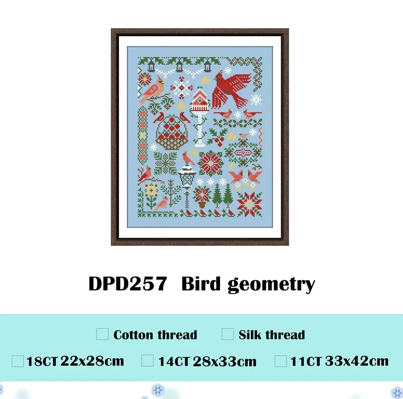 Geometric bird cross stitch sampler design on light blue Aida fabric