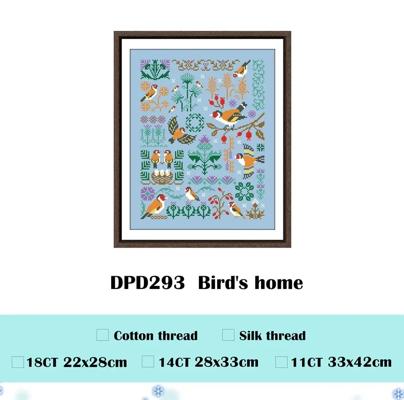 Sky-blue cross stitch kit design of goldfinches on a branch, on light blue Aida fabric
