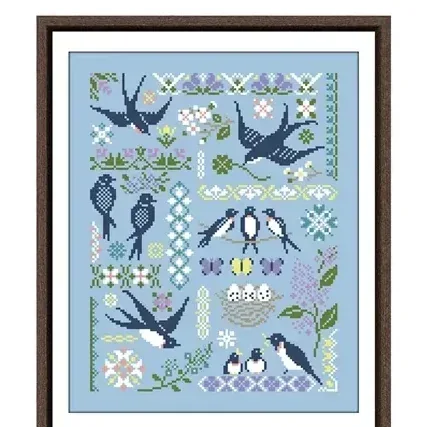 Swallows in Spring cross stitch design DPD243: navy swallows, a nest with four eggs, butterflies and lilac borders on sky-blue fabric