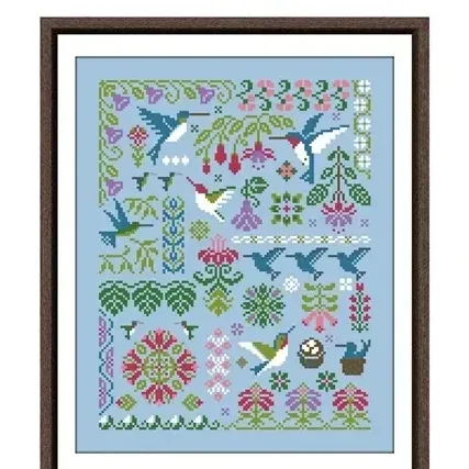 Hummingbird Geometry cross stitch design DPD316: blue-green hummingbirds with pink fuchsias, foliage and a rosette on sky-blue fabric