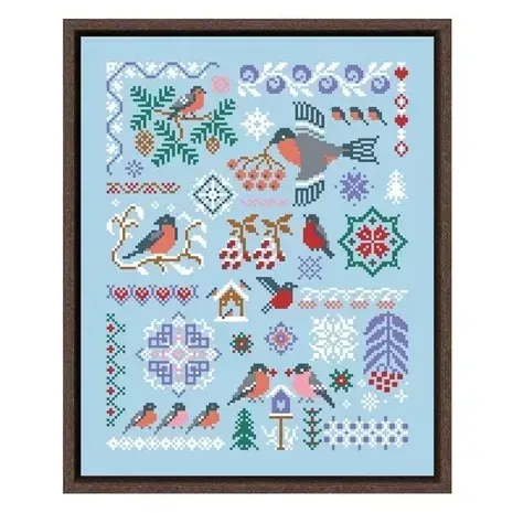 Bullfinches cross stitch design DPD319: red-breasted bullfinches on rowan branches with lilac snowflakes and a fir on sky-blue fabric