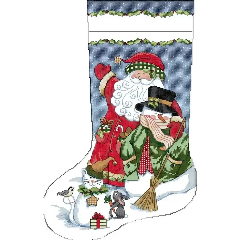 Santa and Snowman (C593) Christmas stocking cross stitch design C593: Santa waving beside a snowman in a black top hat and green coat holding a broom, with a white cat, a gray rabbit nibbling a carrot, a chickadee and a wrapped gift under holly trim