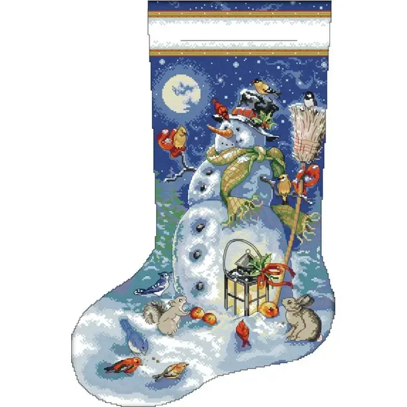 Lantern Snowman (C594) Christmas stocking cross stitch design C594: snowman holding a lantern and broom under a night sky, with a cardinal, a blue jay, a squirrel and a rabbit in the snow