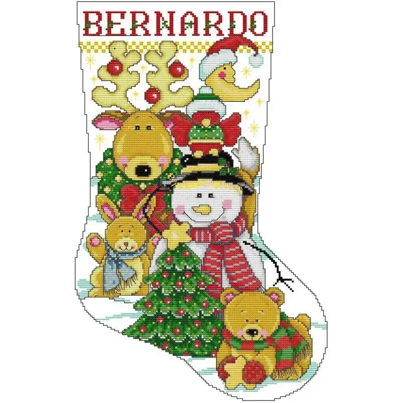 Around the Tree (KB162), personalizable Personalizable Christmas stocking cross stitch design KB162: a reindeer, a snowman, a rabbit and a bear cub gathered around a Christmas tree, with a name band you stitch yourself