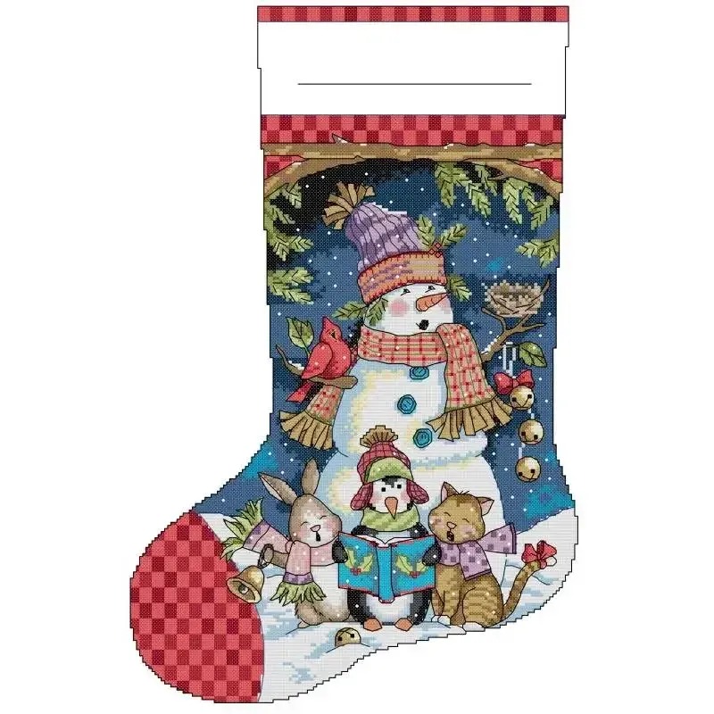 Penguin Carols (KB167) Christmas stocking cross stitch design KB167: a snowman in a purple beanie with a cardinal, a singing penguin, a cat and a rabbit under a deep blue night sky, with a red checkered heel