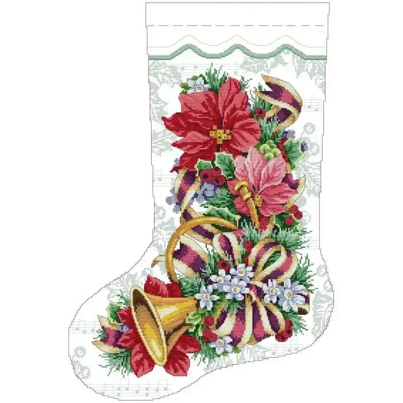 Poinsettia Melody (KB171) Christmas stocking cross stitch design KB171: red and pink poinsettias with a golden bell and horn, daisies and striped ribbons over a sheet-music background