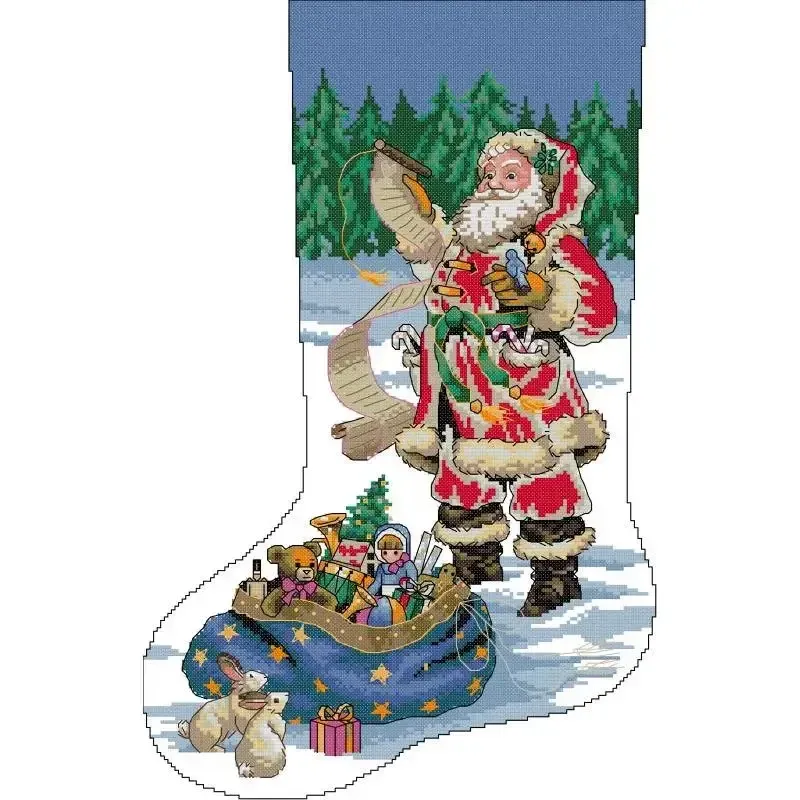 Santa's List (KB175) Christmas stocking cross stitch design KB175: Santa standing in a fir forest reading his list, with a starry blue toy sack and rabbits at his feet