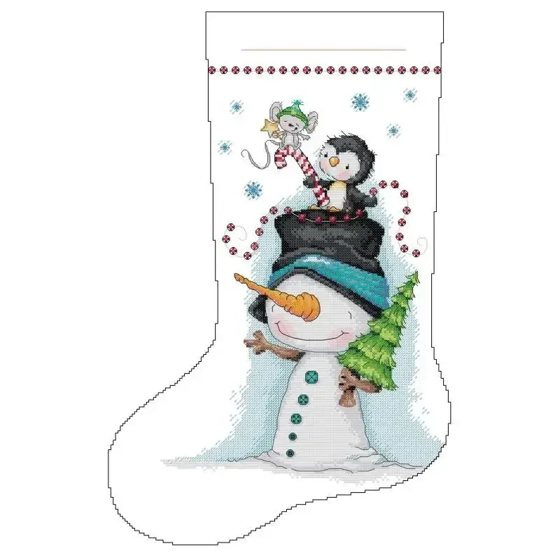 Jolly Snowman (KB178) Christmas stocking cross stitch design KB178: a cartoon snowman in a top hat with a penguin, a mouse and a candy cane in a clean, simple style