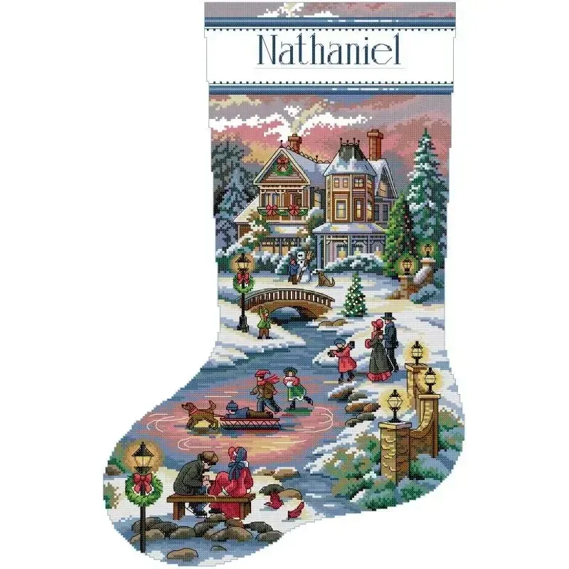 Personalizable Christmas stocking cross stitch design KB186: a Victorian village at dusk with skaters on a frozen pond and a couple on a bench, with a name band you stitch yourself
