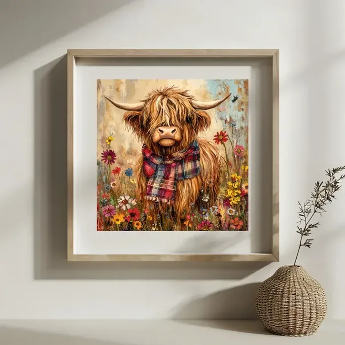 Stamped Highland Cow design TM20641 framed in light wood on a bright wall beside a woven vase