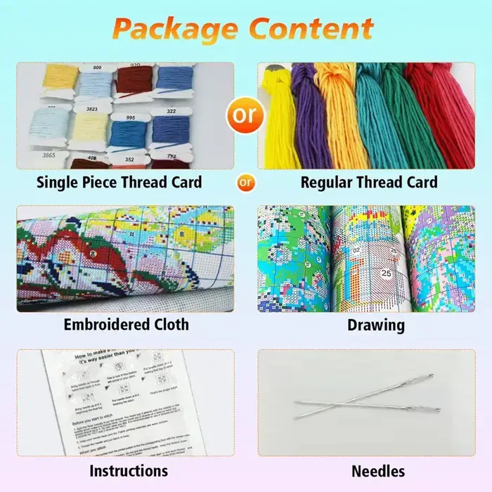 Package contents of a CozyCross kit: numbered thread cards or skeins, the fabric, the printed color chart, an instruction sheet and two needles