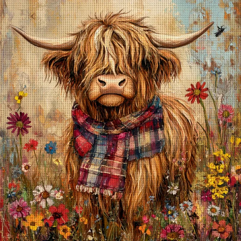 Stamped Highland Cow design TM20641: a shaggy highland cow in a red and blue tartan scarf among wildflowers, printed in full color on the fabric