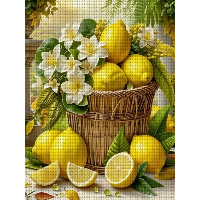 The Lemons and Jasmine design shown full frame on its fabric: a wicker basket of lemons with white jasmine, a halved lemon and quarters in front