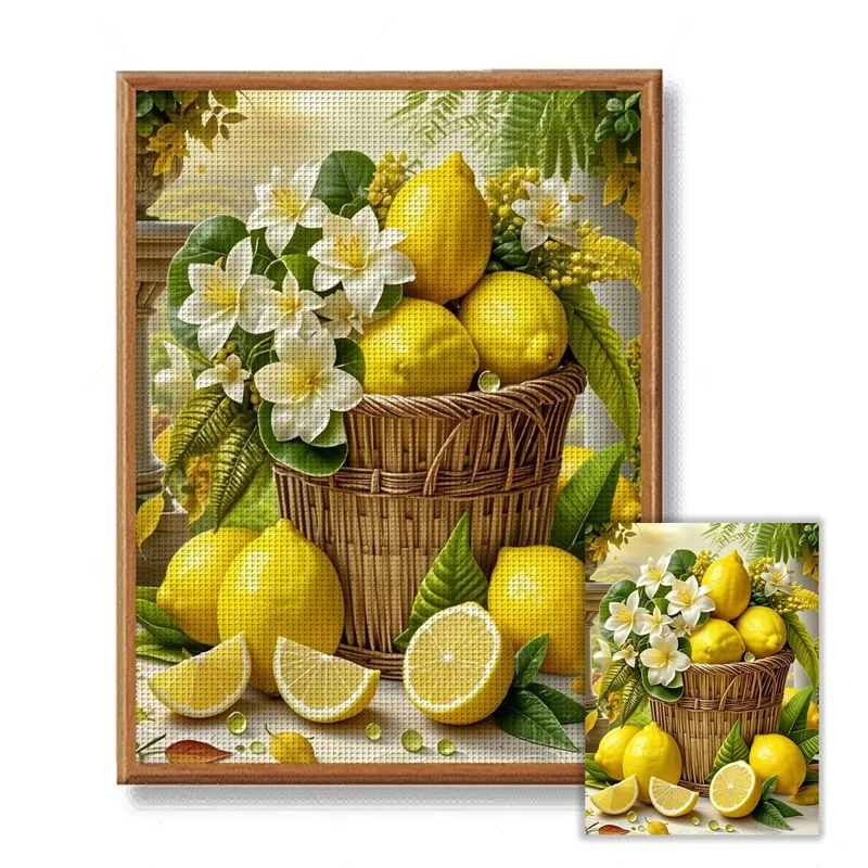Stamped Lemons and Jasmine design TM27345: a wicker basket of lemons with white jasmine and a halved lemon, shown framed with a fabric preview