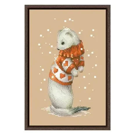 White Mink counted cross stitch design DPD290: a white mink standing in an orange sweater patterned with white hearts