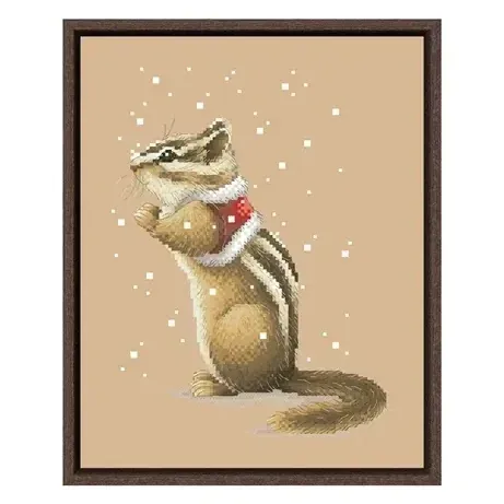 Chipmunk counted cross stitch design DPD272: a striped chipmunk standing in profile wearing a red and white ruffled holiday collar