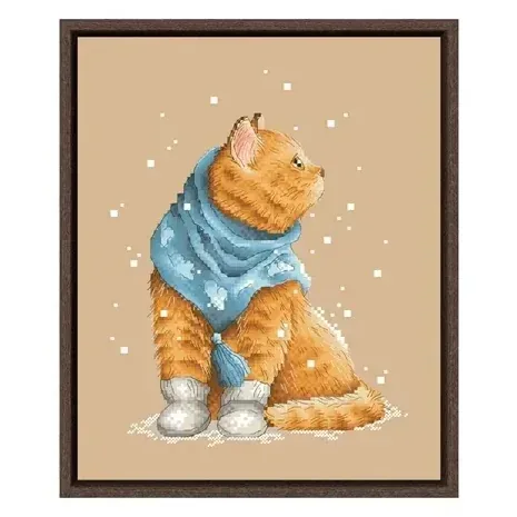 Winter Cat counted cross stitch design DPD312: an orange tabby cat seen from behind with its head turned, in a blue pompom shawl and white booties