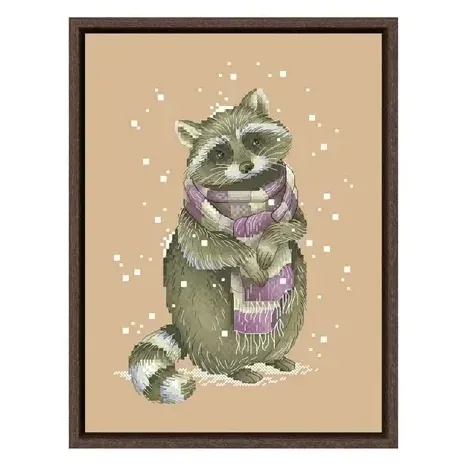 Raccoon counted cross stitch design DPD313: a raccoon standing in a long striped mauve and cream scarf on flaxen fabric