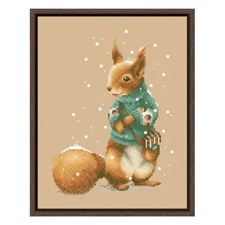 Squirrel counted cross stitch design DPD273: a red squirrel standing in a turquoise flower sweater with a small satchel
