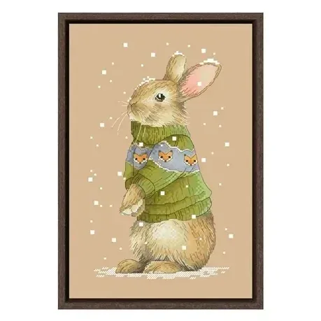 Rabbit counted cross stitch design DPD274: a beige rabbit standing in an olive-green sweater with a fox border