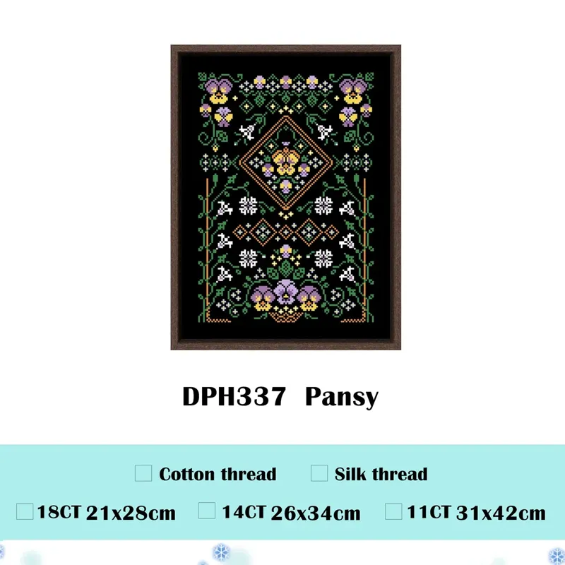 Pansy sampler design DPH337: purple and yellow pansies around an orange diamond medallion on black fabric, shown framed