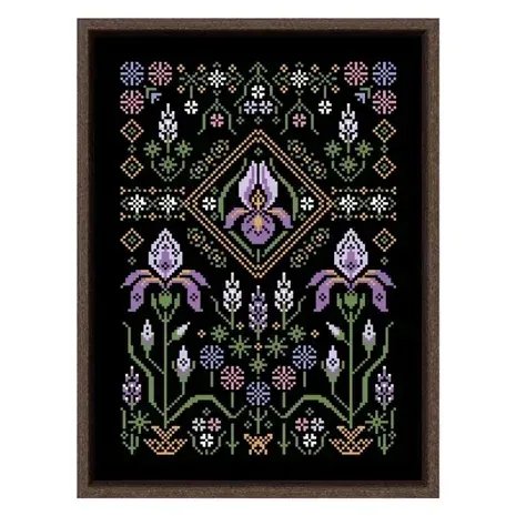 Iris sampler cross stitch design DPH335: purple irises, lavender sprigs and a golden diamond medallion on black fabric