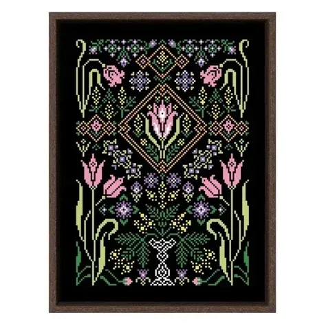 Tulip sampler cross stitch design DPH336: pink tulips and small violet flowers around a salmon and gold diamond frame on black fabric