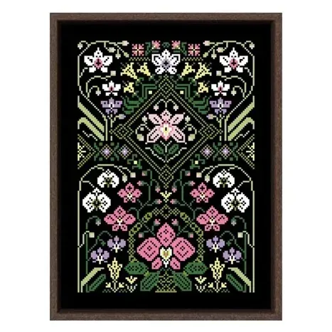 Orchid sampler cross stitch design DPH338: white, pink and lilac orchids with an olive-green medallion on black fabric